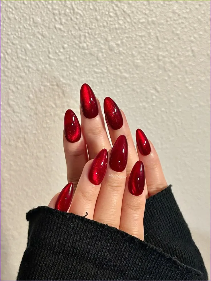 Glossy cherry-red almond nails