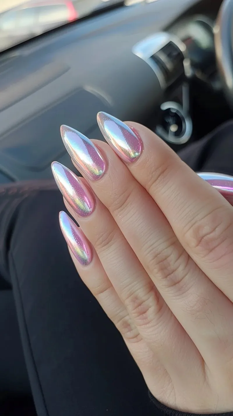 Iridescent chrome almond nails