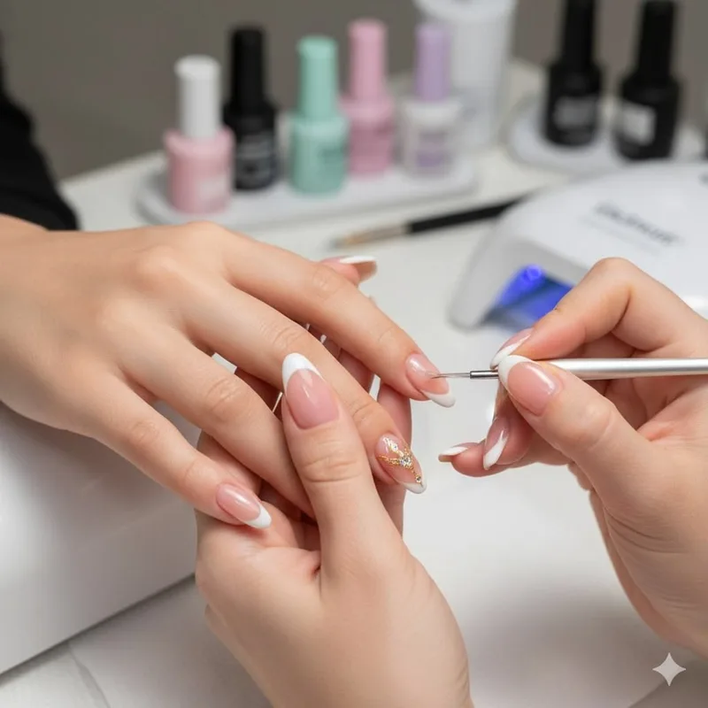 A manicure in progress with soft nude polish